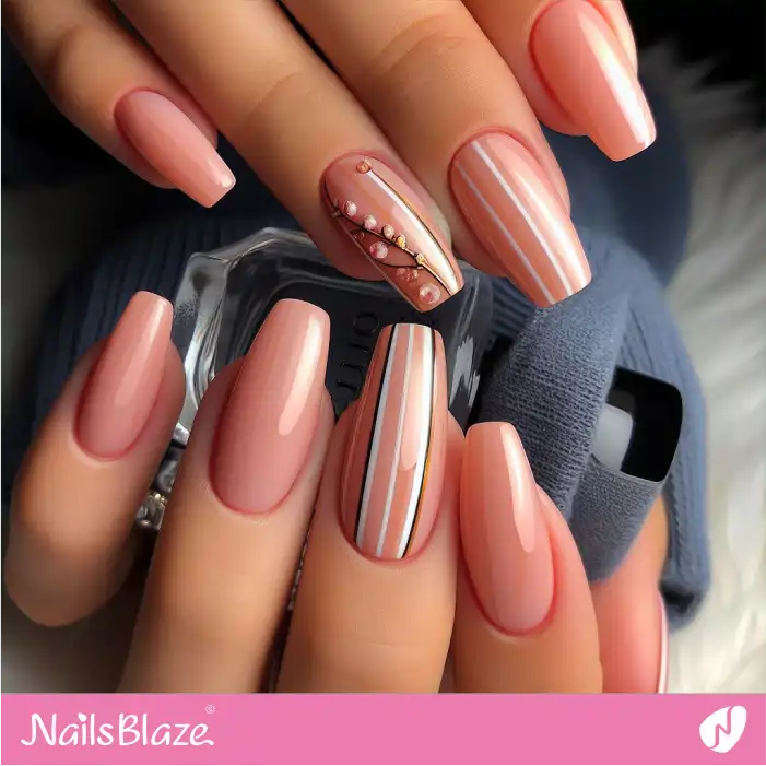 Striped Peach Fuzz Nails with Blossom Design | Color of the Year 2024 - NB1864
